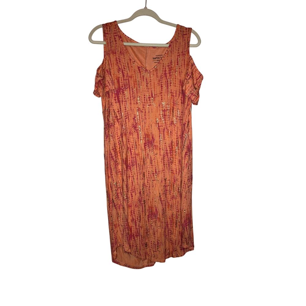Women's Orange Patterned Cold-Shoulder Dress